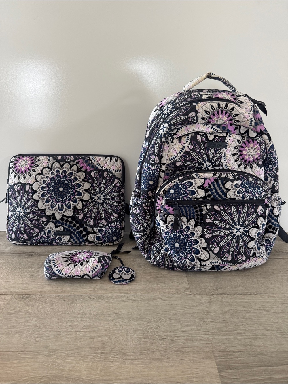 Vera Bradley Mimosa Medallion Purple Floral Large Backpack Quilted Backpack Set